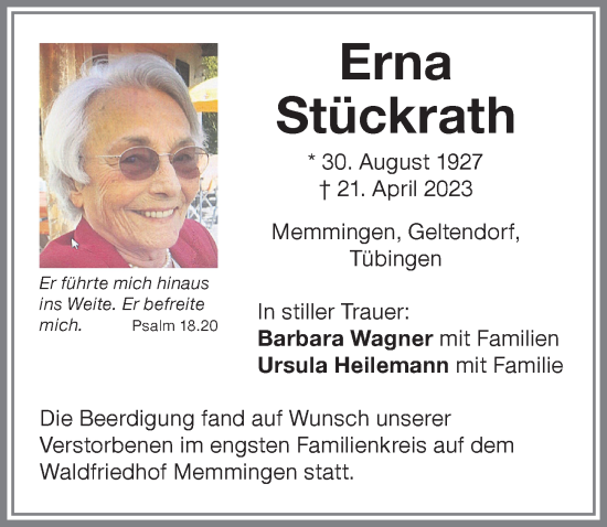 Traueranzeige von Erna Stückrath von Memminger Zeitung