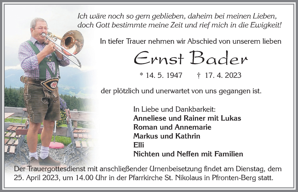  Traueranzeige für Ernst Bader vom 22.04.2023 aus Allgäuer Zeitung, Füssen