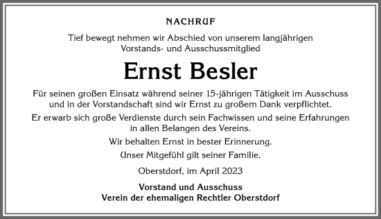 Traueranzeige von Ernst Besler von Allgäuer Anzeigeblatt