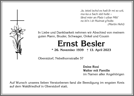 Traueranzeige von Ernst Besler von Allgäuer Anzeigeblatt