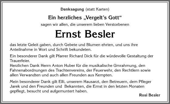 Traueranzeige von Ernst Besler von Allgäuer Anzeigeblatt
