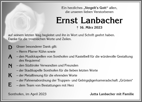 Traueranzeige von Ernst Lanbacher von Allgäuer Anzeigeblatt