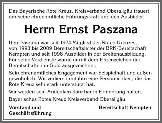 Traueranzeige von Ernst Paszana von Allgäuer Zeitung,Kempten