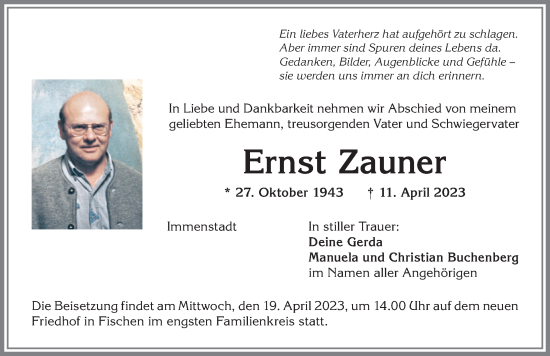 Traueranzeige von Ernst Zauner von Allgäuer Anzeigeblatt