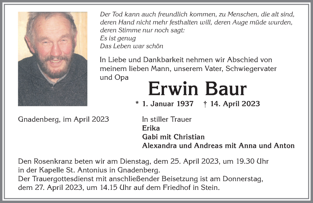  Traueranzeige für Erwin Baur vom 22.04.2023 aus Allgäuer Anzeigeblatt
