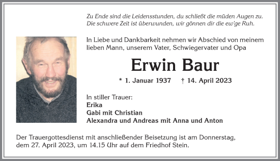 Traueranzeige von Erwin Baur von Allgäuer Zeitung,Kempten