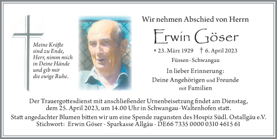 Traueranzeige von Erwin Göser von Allgäuer Zeitung, Füssen