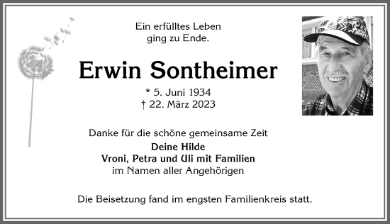 Traueranzeige von Erwin Sontheimer von Allgäuer Anzeigeblatt