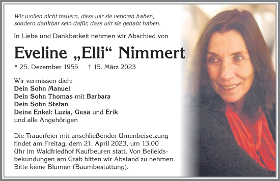 Traueranzeige von Eveline Nimmert von Allgäuer Zeitung, Marktoberdorf