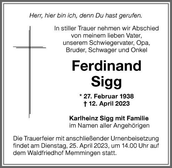 Traueranzeige von Ferdinand Sigg von Memminger Zeitung