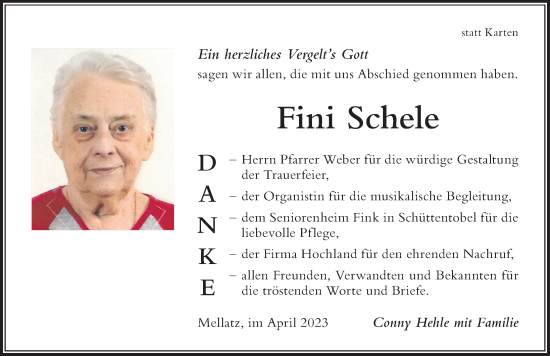 Traueranzeige von Fini Schele von Der Westallgäuer