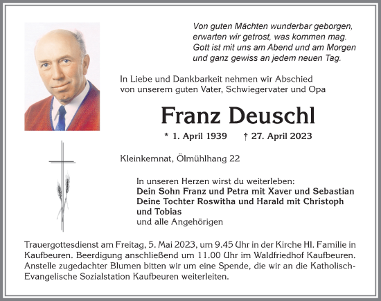 Traueranzeige von Franz Deuschl von Allgäuer Zeitung, Kaufbeuren/Buchloe
