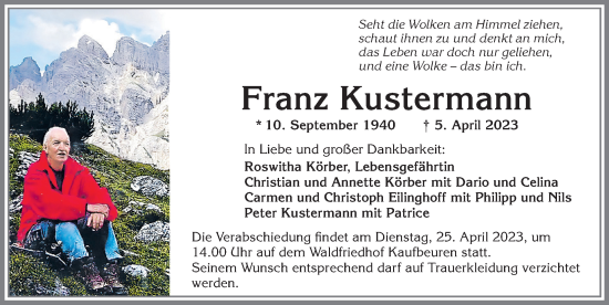 Traueranzeige von Franz Kustermann von Allgäuer Zeitung, Kaufbeuren/Buchloe