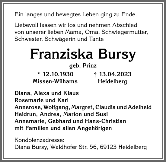 Traueranzeige von Franziska Bursy von Allgäuer Anzeigeblatt