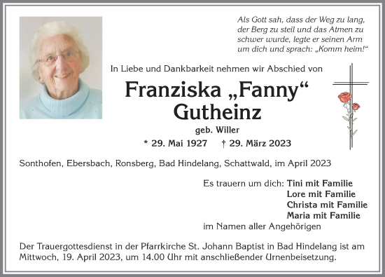 Traueranzeige von Franziska Gutheinz von Allgäuer Anzeigeblatt