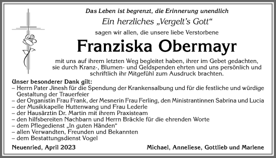 Traueranzeige von Franziska Obermayr von Allgäuer Zeitung, Marktoberdorf