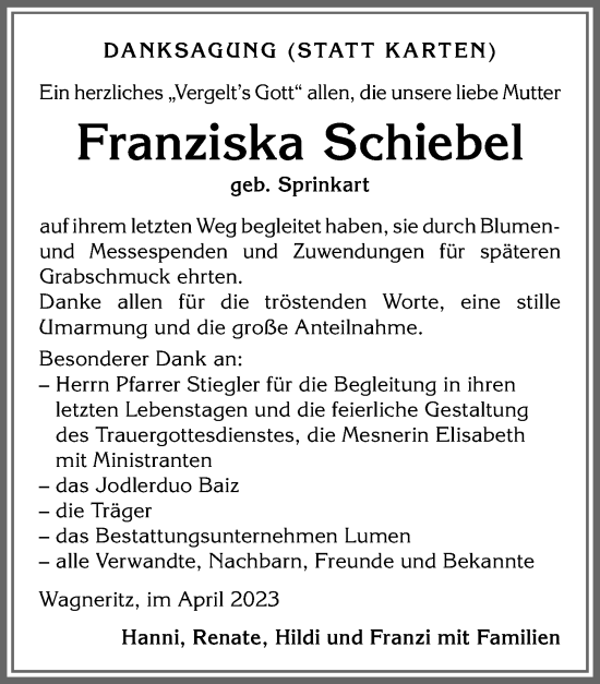 Traueranzeige von Franziska Schiebel von Allgäuer Anzeigeblatt