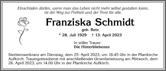 Traueranzeige von Franziska Schmidt von Allgäuer Zeitung, Kaufbeuren/Buchloe