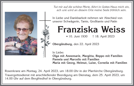 Traueranzeige von Franziska Weiss von Allgäuer Zeitung, Marktoberdorf