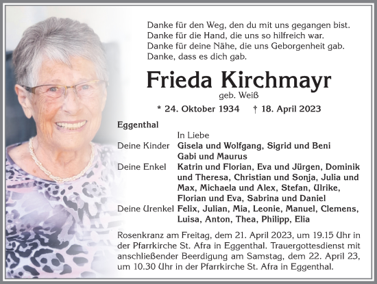 Traueranzeige von Frieda Kirchmayr von Allgäuer Zeitung, Kaufbeuren/Buchloe