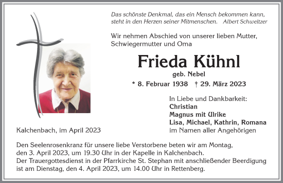 Traueranzeige von Frieda Kühn von Allgäuer Anzeigeblatt