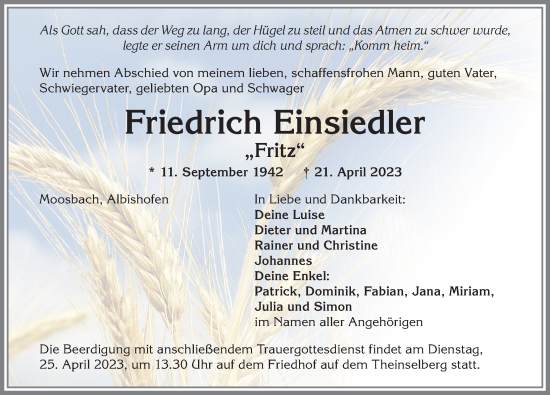 Traueranzeige von Friedrich Einsiedler von Memminger Zeitung