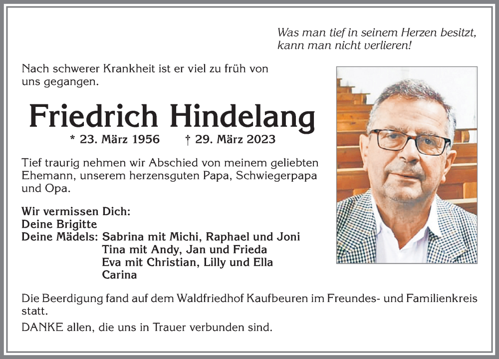  Traueranzeige für Friedrich Hindelang vom 17.04.2023 aus Allgäuer Zeitung, Marktoberdorf