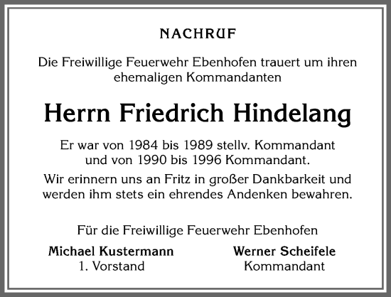 Traueranzeige von Friedrich Hindelang von Allgäuer Zeitung, Marktoberdorf