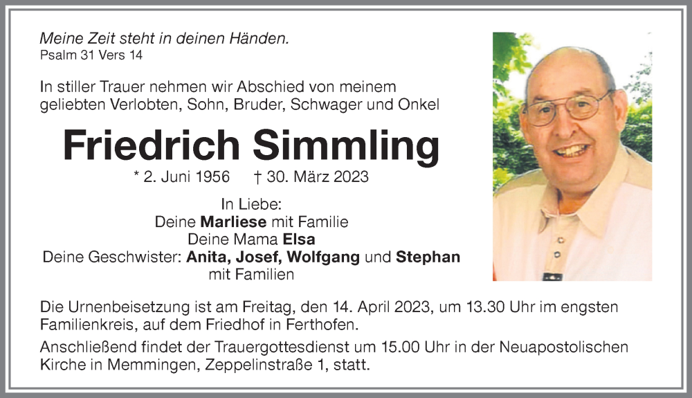  Traueranzeige für Friedrich Simmling vom 11.04.2023 aus Memminger Zeitung