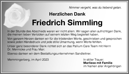 Traueranzeige von Friedrich Simmling von Memminger Zeitung