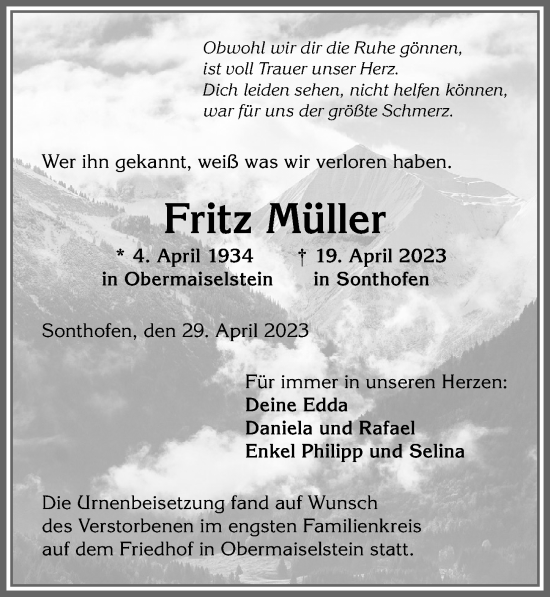 Traueranzeige von Fritz Müller von Allgäuer Anzeigeblatt