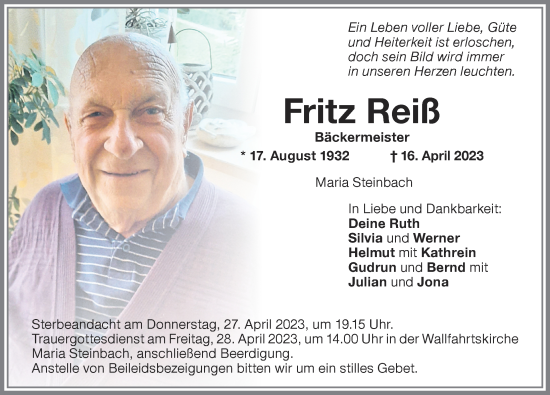 Traueranzeige von Fritz Reiß von Memminger Zeitung
