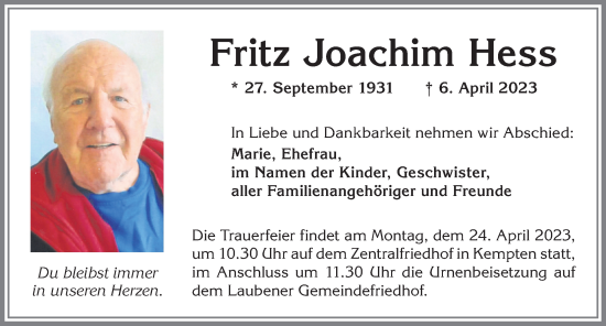 Traueranzeige von Fritz Joachim Hess von Allgäuer Zeitung,Kempten