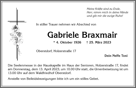 Traueranzeige von Gabriele Braxmair von Allgäuer Anzeigeblatt