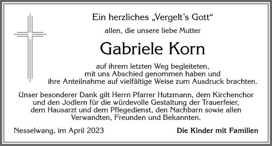 Traueranzeige von Gabriele Korn von Allgäuer Zeitung, Füssen
