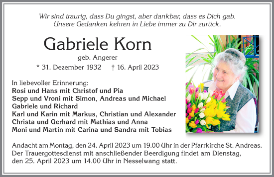 Traueranzeige von Gabriele Korn von Allgäuer Zeitung, Füssen