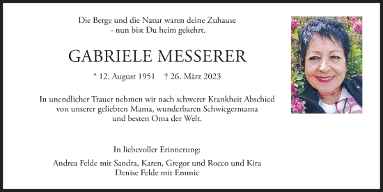 Traueranzeige von Gabriele Messerer von Allgäuer Zeitung,Kempten