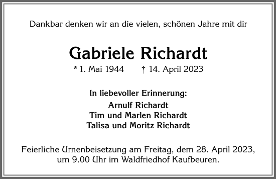 Traueranzeige von Gabriele Richardt von Allgäuer Zeitung, Kaufbeuren/Buchloe