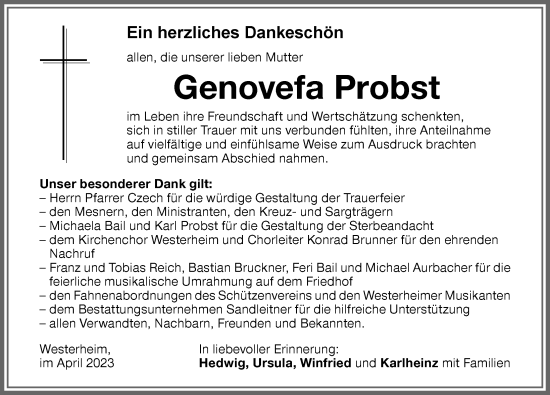 Traueranzeige von Genovefa Probst von Memminger Zeitung