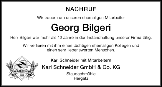 Traueranzeige von Georg Bilgeri von Der Westallgäuer