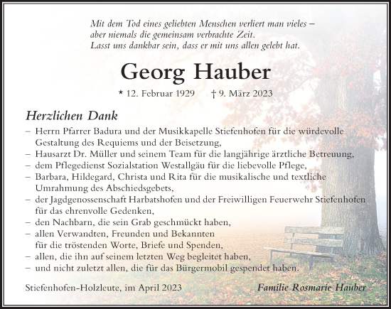 Traueranzeige von Georg Hauber von Der Westallgäuer