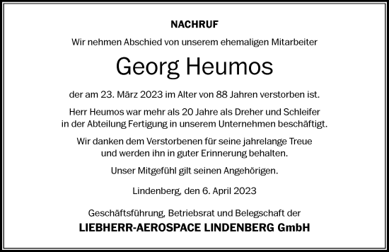 Traueranzeige von Georg Heumos von Der Westallgäuer