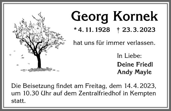 Traueranzeige von Georg Kornek von Allgäuer Zeitung,Kempten