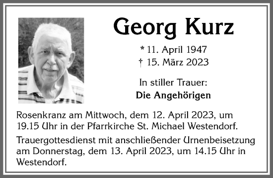 Traueranzeige von Georg Kurz von Allgäuer Zeitung, Kaufbeuren/Buchloe