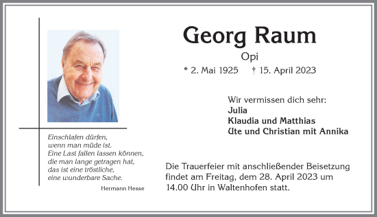 Traueranzeige von Georg Raum von Allgäuer Zeitung,Kempten