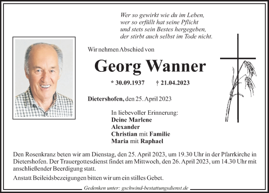 Traueranzeige von Georg Wanner von Augsburger Allgemeine, Illertisser Zeitung