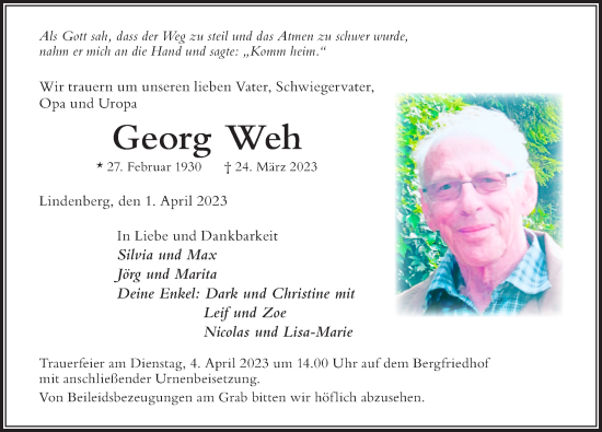 Traueranzeige von Georg Weh von Der Westallgäuer