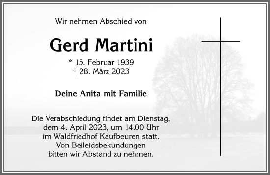 Traueranzeige von Gerd Martini von Allgäuer Zeitung, Kaufbeuren/Buchloe