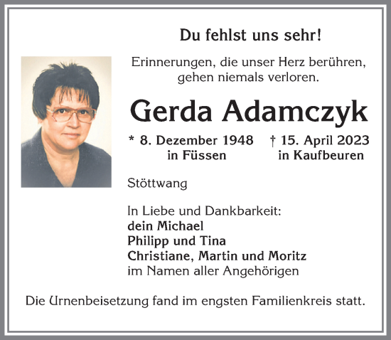 Traueranzeige von Gerda Adamczyk von Allgäuer Zeitung, Kaufbeuren/Buchloe