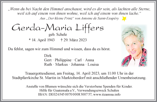 Traueranzeige von Gerda-Maria Liffers von Allgäuer Zeitung, Kaufbeuren/Buchloe